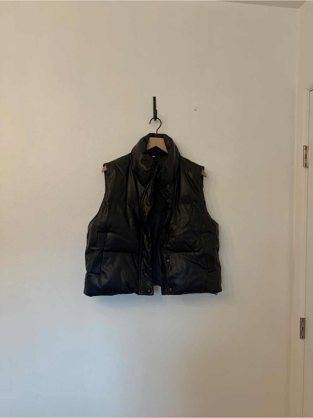 Black Faux Leather Quilted Puffer Vest